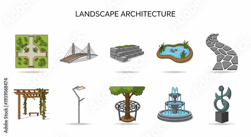 Ten landscape architecture icons arranged in two rows under a title