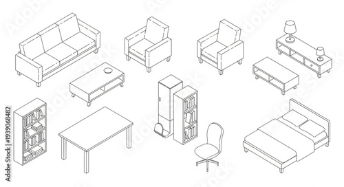 Collection of various isometric furniture pieces for home or office interior design.