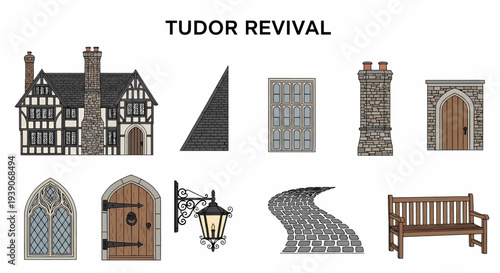 Tudor Revival architectural elements displayed as illustrations on a white background