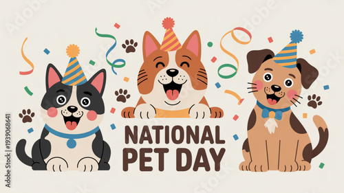Three happy dogs celebrate national pet day with party hats and confetti on a beige background