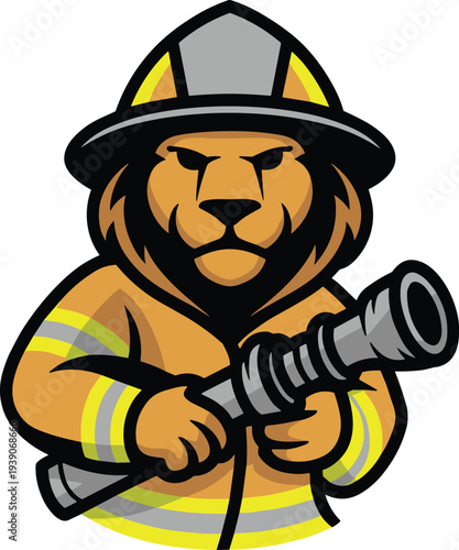 Lion Firefighter Holding Hose Ready to Spray WaterStock Illustration
