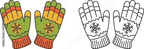 Pair of Winter Mittens with Snowflake Design Color and Outline Isolated
