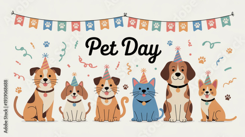 Colorful cartoon pets celebrating with party hats and banners on pet day festive illustration
