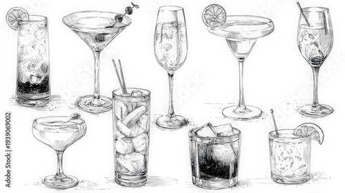 Monochrome Cocktail Glass Sketches with Citrus Garnish on White Background for Bar Menus