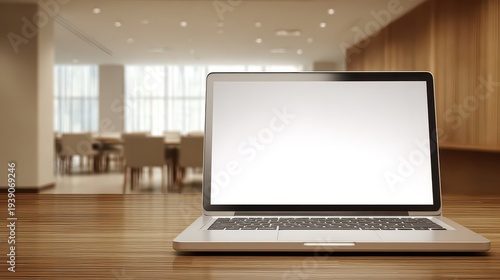 Laptop with Blank White Screen Placed on Rustic Wooden Table in Bright Meeting Room with Soft Lighting Mockup Presentation and Business Concept