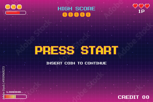 PRESS START. INSERT COIN TO CONTINUE. pixel art 8 bit. Retro Futurism Sci-Fi Background. glowing neon grid. and stars from vintage arcade computer games