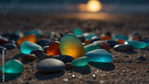 Colorful Sea Glass on Beach at Sunset