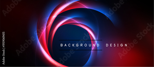 Abstract neon circles, vibrant red, blue hues. Dark background creates striking visual impact. Modern design element.