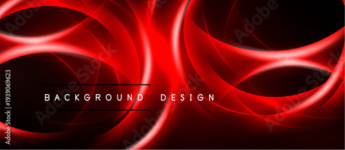 Dynamic red lines create abstract swirls. Dark background emphasizes glowing curves, modern design element. Background text present.