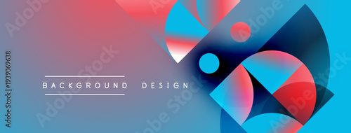 Abstract geometric shapes blend vibrant blues, reds, purples. Modern design suggests dynamic movement, gradient effects present.