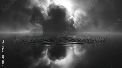 Monochrome Dark Rippled Water Reflections Under Dramatic Cloudy Sky Night Scape Abstract Dark Light Contrast Photo