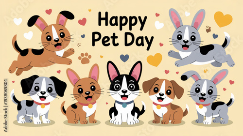 Cute cartoon pets celebrate happy pet day with dogs and bunnies on yellow background