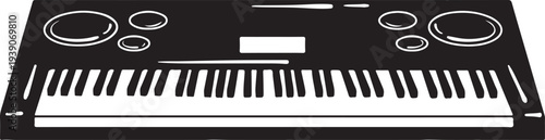 Print Electronic keyboard instrument, black and white illustration, musical equipment, isolated on white background, digital piano