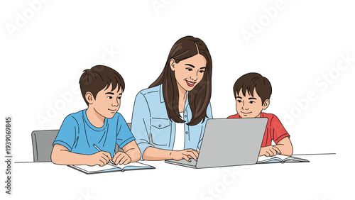 Caring woman diligently helping two boys with their studies on a laptop, while one child writes in a notebook, symbolizing homeschooling and education.