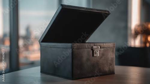 Open Black Textured Box With Dark Interior Resting On Marble Table Under Bright Window Light