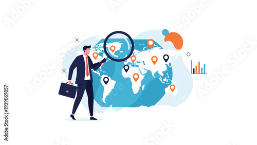 Diligent businessman utilizing a magnifying glass to meticulously examine a world map adorned with various location pins, symbolizing global market research and strategic expansion.