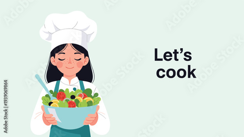 Smiling girl dressed as a chef proudly presenting a colorful bowl of fresh salad with tongs, enthusiastically encouraging everyone to "Let's cook".