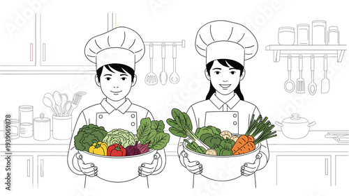Line art drawing of a smiling boy and girl, both dressed as chefs, proudly holding bowls overflowing with fresh, healthy vegetables in a kitchen.
