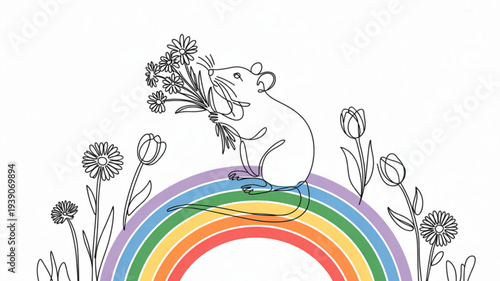 A cute mouse sitting on a colorful rainbow holding flowers surrounded by blooming plants and flowers on white background with vibrant colors and joyful atmosphere