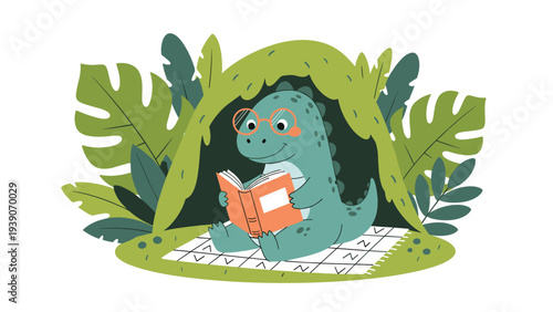 Charming green dinosaur with glasses intently reading a book under a cozy tent made of large leaves, nestled on a checkered picnic blanket.