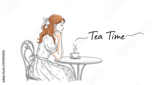 Elegant young woman with flowing hair enjoying a peaceful "Tea Time" moment, delicately sipping from a cup at a charming outdoor cafe table.