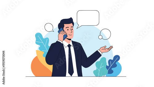 Confident businessman happily engaging in a mobile phone conversation, with multiple speech bubbles indicating active communication and discussion.