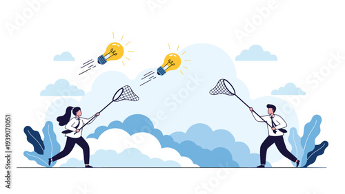 Energetic businesswoman and businessman on clouds pursuing innovative flying light bulbs with nets, symbolizing the dynamic search for creative business ideas.