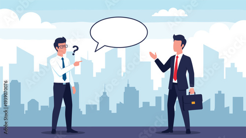 Two businessmen engaging in a city dialogue, one posing a question with a thoughtful expression while the other confidently explains with a clear speech bubble.