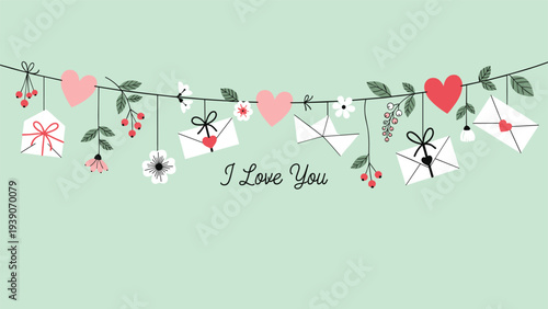 Charming garland featuring an assortment of hanging hearts, love letters, delicate flowers, and berries, gracefully displaying the message "I Love You."