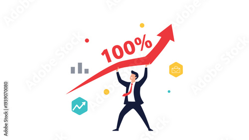 Determined businessman proudly lifting a large red upward-pointing arrow marked "100%," symbolizing significant business growth and absolute success.
