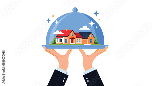 Hands presenting a serving cloche revealing charming houses on a plate, symbolizing excellent real estate service and valuable home offerings.