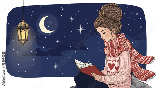 Serene young woman warmly dressed in cozy winter attire, deeply engrossed in a captivating book by the soft glow of a lantern under a starlit night.