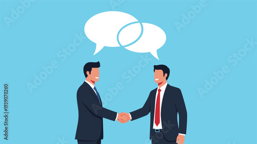Professional businessmen warmly shaking hands with interlocking speech bubbles above, symbolizing strong agreement, successful communication, and partnership.