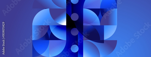 Abstract geometric composition. Blue shades dominate, creating modern visual impact. Circles, squares, rectangles interlock. Smooth gradients enhance depth.