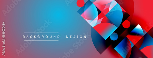 Abstract geometric shapes blend vibrant blue, red hues. Gradient background creates dynamic visual effect. Modern design element.