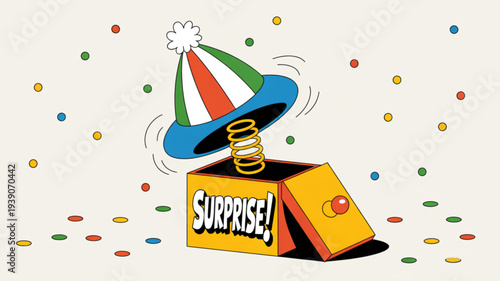Colorful surprise party hat popping out of a yellow gift box with confetti