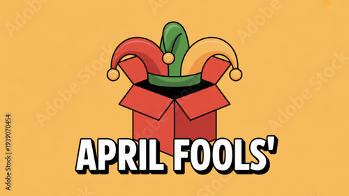 April fools' day concept with jester hat in red gift box on yellow background