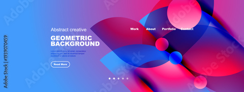 Abstract geometric background. Blue, purple hues dominate design. Website header includes navigation options, text elements. Modern aesthetic.