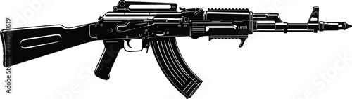 Black and white vector illustration of a modern assault rifle automatic weapon isolated on white background for military and gaming