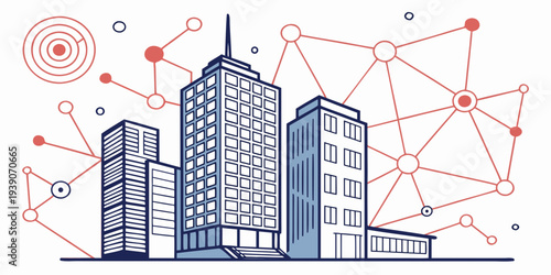 Modern cityscape connected by a digital network infrastructure.