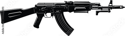 Black and white vector illustration of a modern assault rifle automatic weapon isolated on white background for military and gaming
