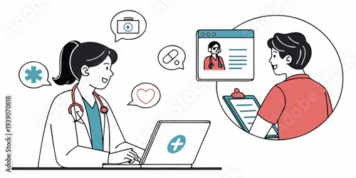 Healthcare professional assisting a patient through a virtual consultation on a laptop