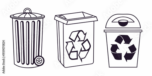 Three types of waste disposal bins with distinct recycling symbols and functions.