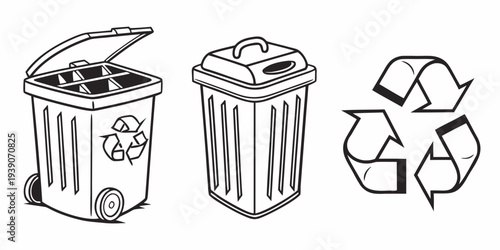 Illustrations of recycling and waste disposal bins for environmental sustainability efforts