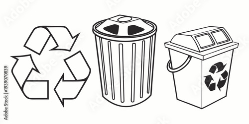 Illustrated depiction of recycling, trash, and compost bins for waste management