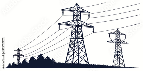 Silhouetted power transmission towers against a tree-lined horizon at dusk