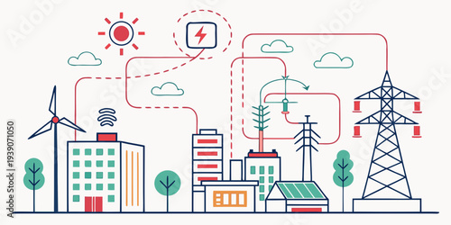 Illustration depicting renewable energy sources and smart energy distribution system