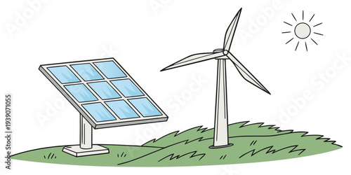 Renewable energy sources combining solar panels and wind turbines under sunny skies.