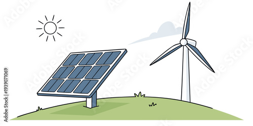 Renewable energy sources combining solar and wind power on a green landscape