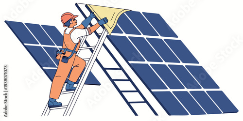 A technician installing solar panels on a rooftop with safety equipment.